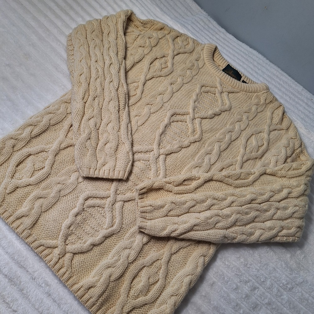 Vtg 90's Doogan Donegal Irish Pure New Wool Cable Knit Sweater Mens L Beige Fish